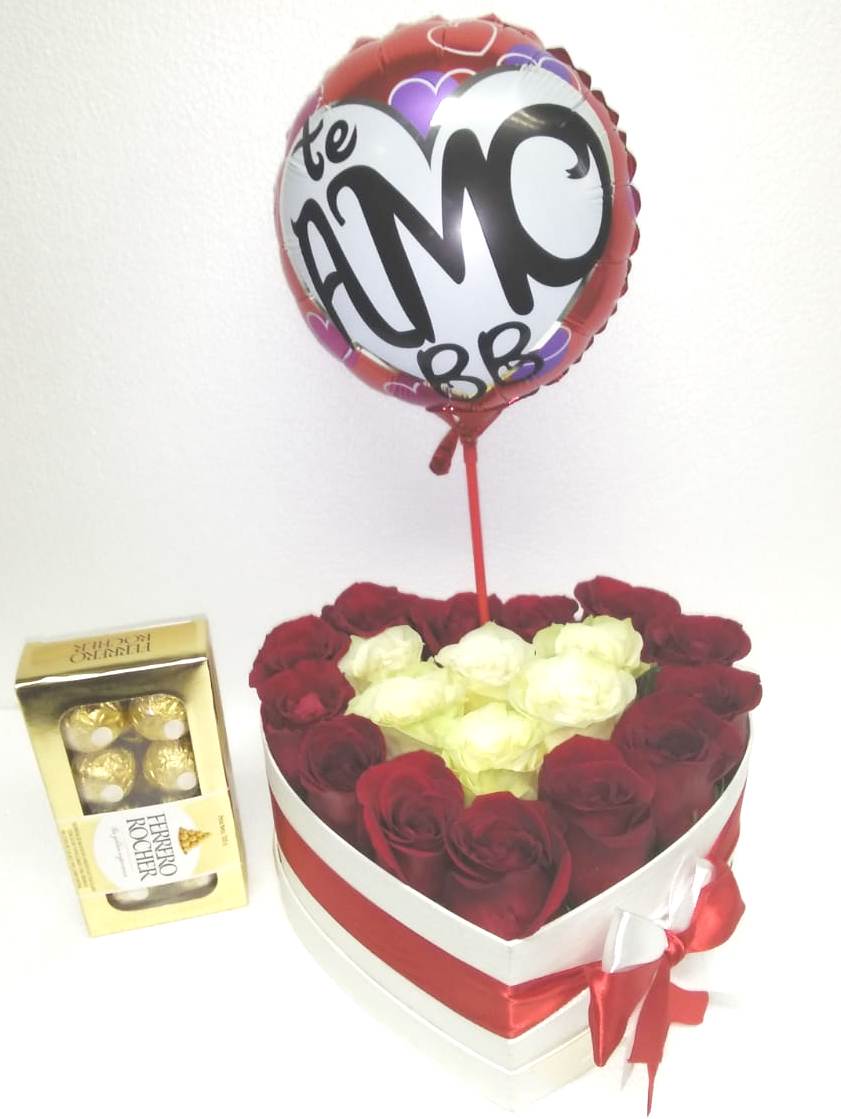 20 Rosas en Caja Coraz�n, Bombones Ferrero Rocher 100 grs y Globito 